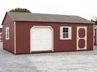 14x24 Custom Peak Shed with Overhead Door, Single Door, and Red LP Smart Side Siding