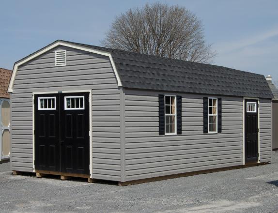 12x24 Dutch Barn Style Storage Shed with Grey Vinyl Siding and Black Doors